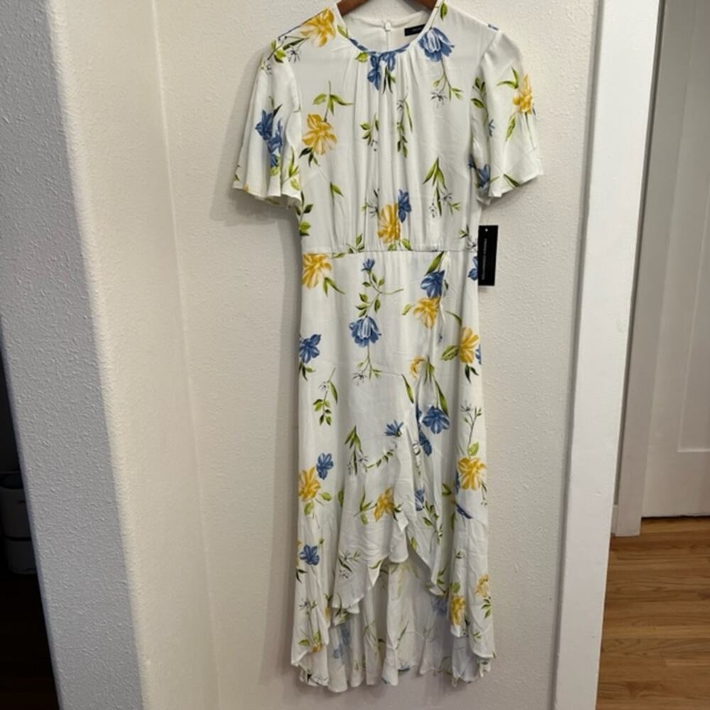 New French Connection White & Blue Floral Hi Low Ruffle Dress Women's size 0